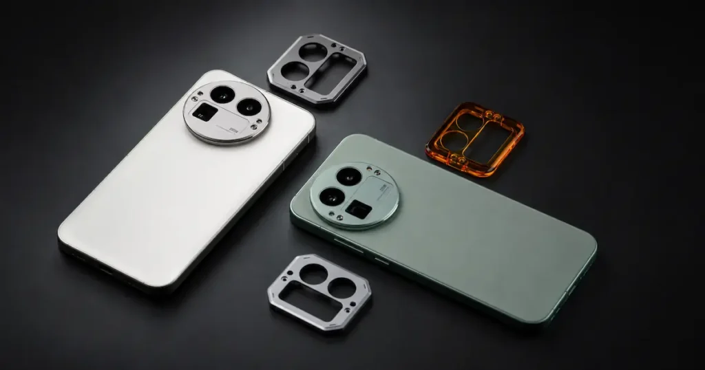 realme GT 8 Pro con trasera visible y módulos de cámara intercambiables junto al móvil en apartado de cámaras y diseño