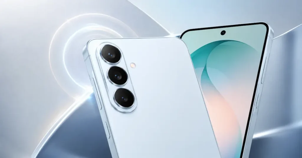 Samsung Galaxy S26 en primer plano con triple cámara trasera vertical y pantalla frontal para comparativa de cámaras