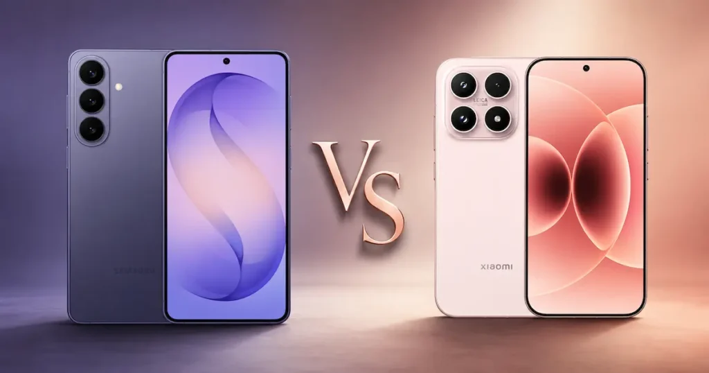 Samsung Galaxy S26 y Xiaomi 17 enfrentados con pantallas encendidas y módulos de cámara en comparativa premium