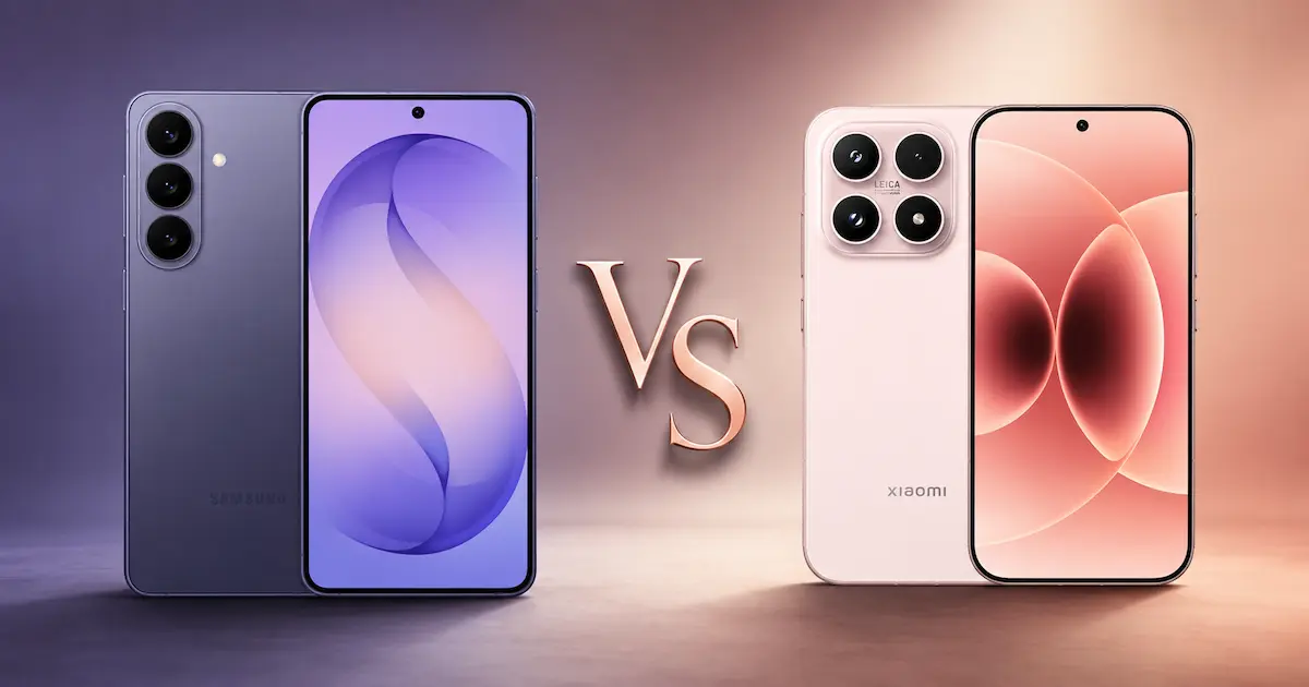 Samsung Galaxy S26 y Xiaomi 17 enfrentados con pantallas encendidas y módulos de cámara en comparativa premium
