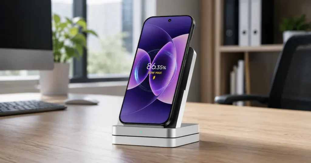 Xiaomi 17 en base de carga con pantalla activa mostrando batería al 86,35 % en escena de autonomía y carga rápida
