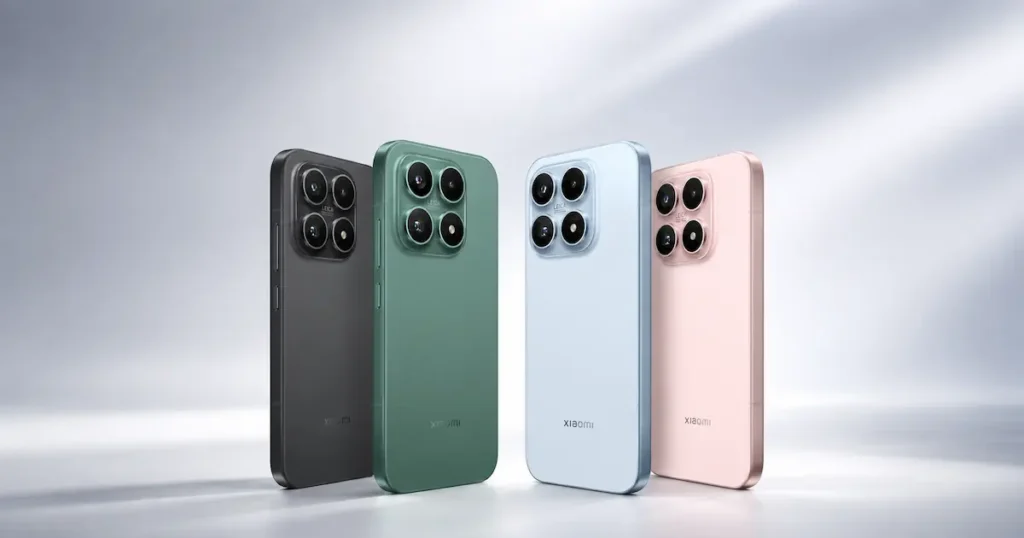 Xiaomi 17 en cuatro acabados con bloque de cámara Leica cuadrado y vista lateral para diseño y ergonomía en comparativa premium