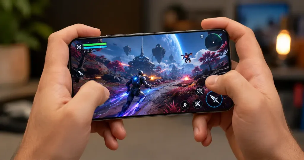 Xiaomi 17 en mano durante partida en horizontal con juego 3D activo para analizar rendimiento y gaming intensivo
