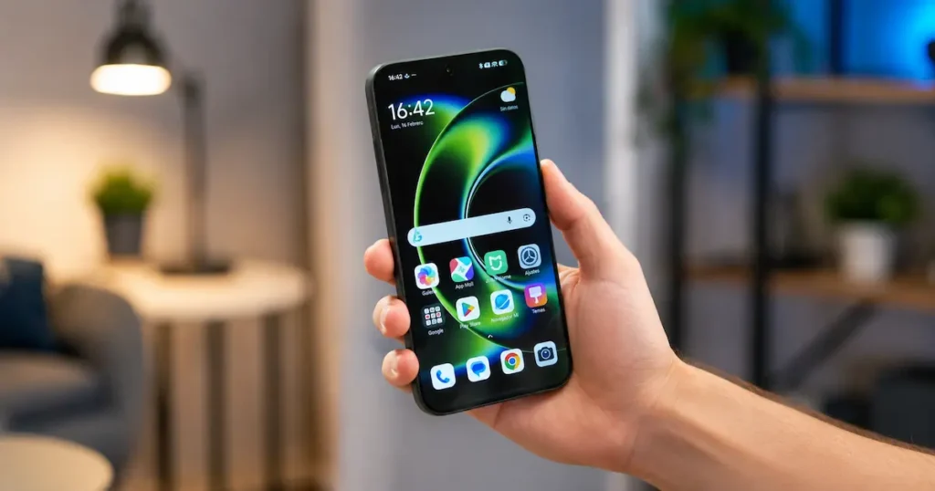 Xiaomi 17 en mano con interfaz HyperOS abierta y pantalla de inicio activa para comparar software e IA móvil en Android