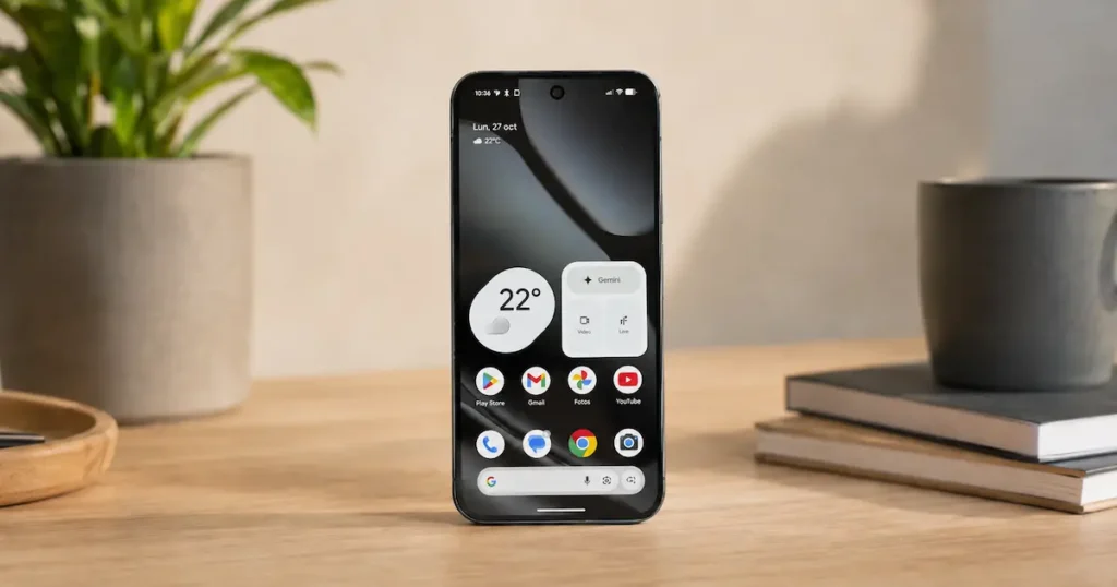 Google Pixel 10a con pantalla OLED encendida e interfaz Android 16 sobre mesa para revisar brillo y software Pixel