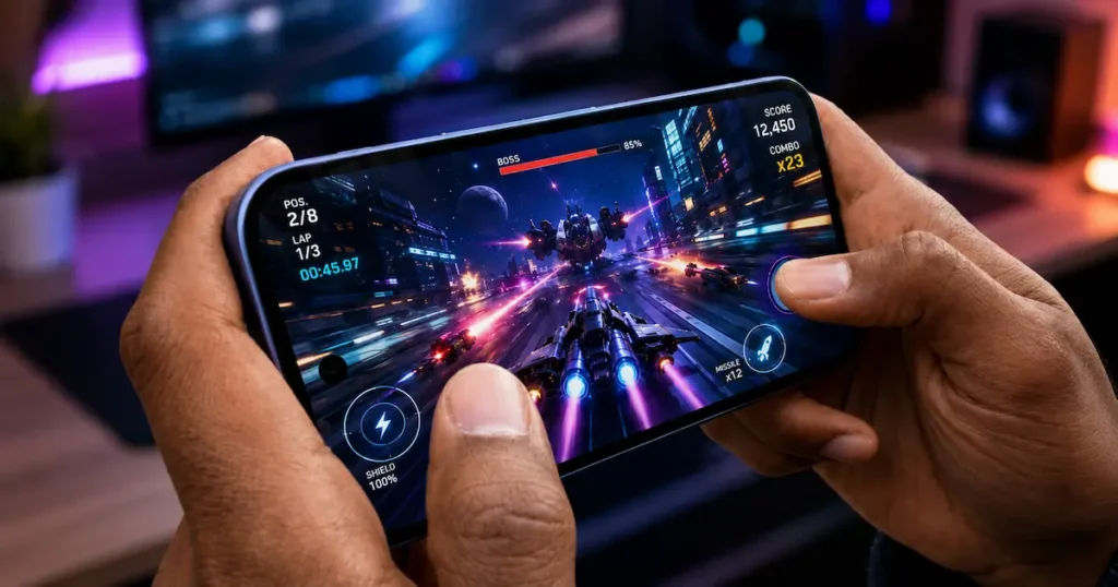 Google Pixel 10a en mano con juego de carreras en pantalla horizontal para valorar rendimiento Tensor G4 y gaming