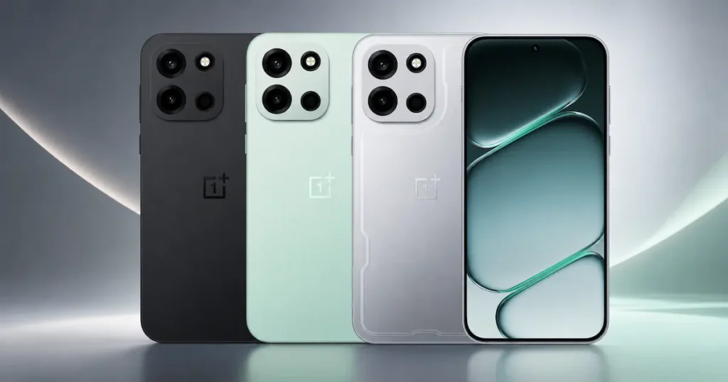 OnePlus Nord 6 en acabados oscuro, verde y claro, con módulo de cámara cuadrado y pantalla frontal en detalle de diseño