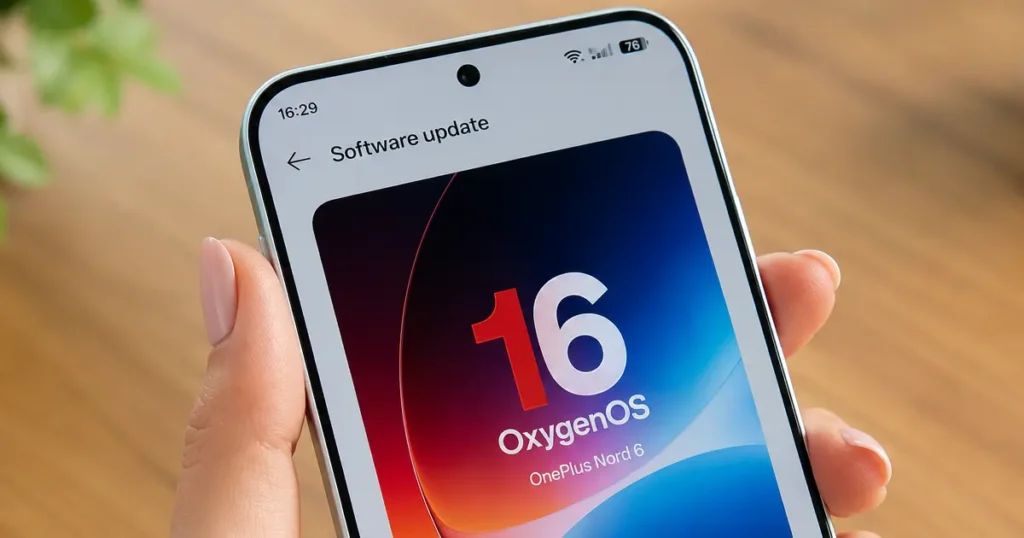 OnePlus Nord 6 en mano con pantalla de actualización a OxygenOS 16, destacando software y soporte dentro de la comparativa