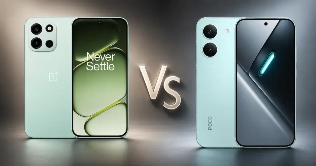 OnePlus Nord 6 y POCO X8 Pro en vistas frontal y trasera, enfrentados en la comparativa de móviles de gama media