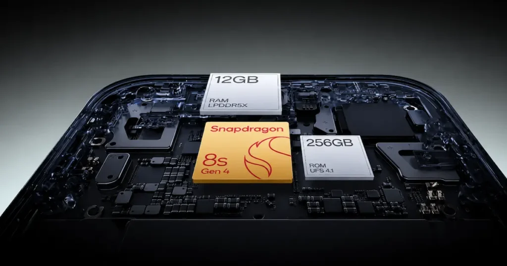 OnePlus Nord 6 con placa interna, Snapdragon 8s Gen 4, 12 GB de RAM y 256 GB UFS 4.1 en detalle de rendimiento
