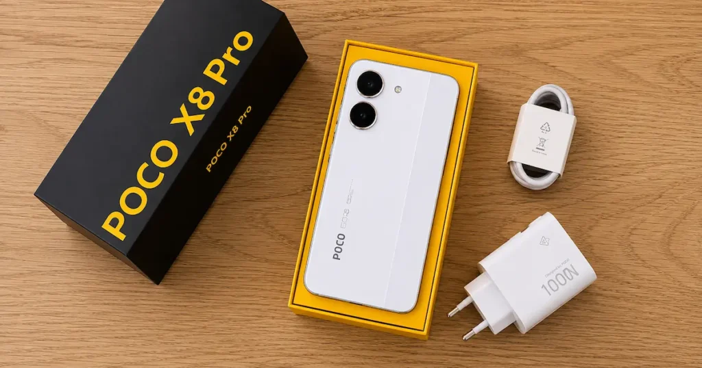 POCO X8 Pro blanco junto a cargador de 100 W, cable USB-C y caja abierta para ilustrar su sistema de carga rápida