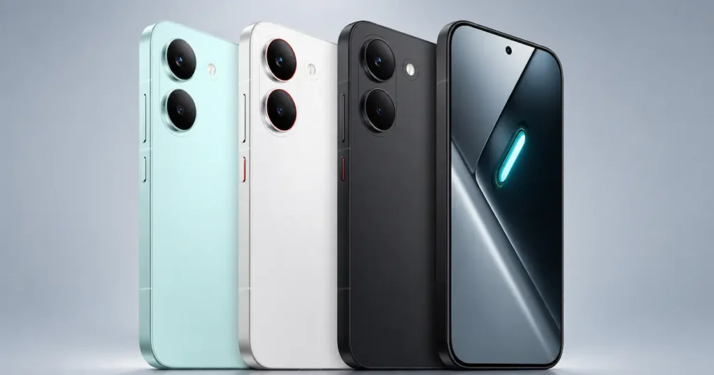 POCO X8 Pro en acabados verde, blanco y negro, con cámaras traseras dobles y pantalla frontal en vista de diseño lateral