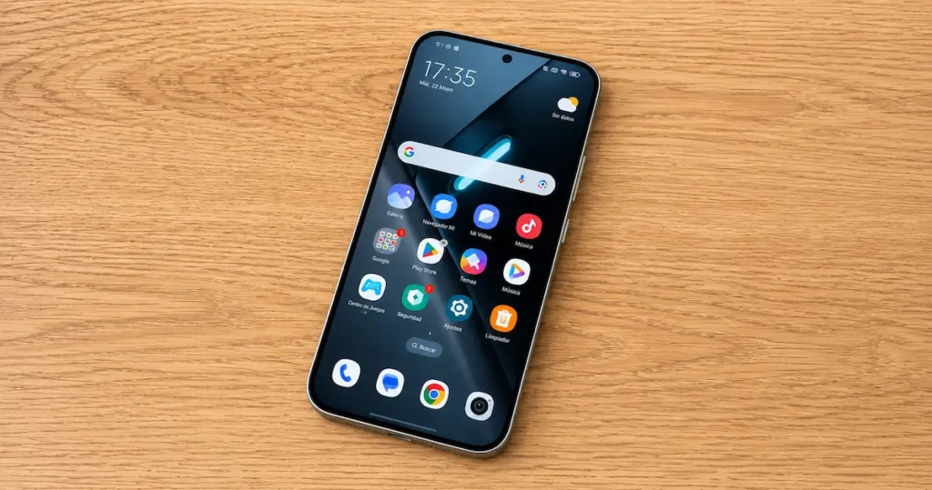 POCO X8 Pro con pantalla AMOLED encendida mostrando HyperOS y aplicaciones en uso real sobre una mesa de madera durante la comparativa