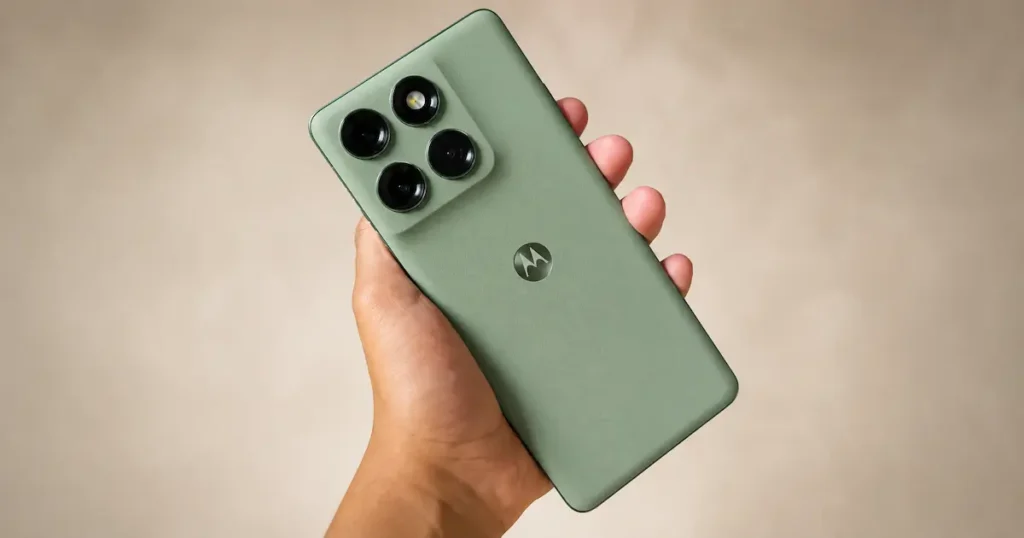 Motorola Edge 60 Pro con módulo de cámara trasera triple y acabado verde en uso en mano durante el análisis fotográfico