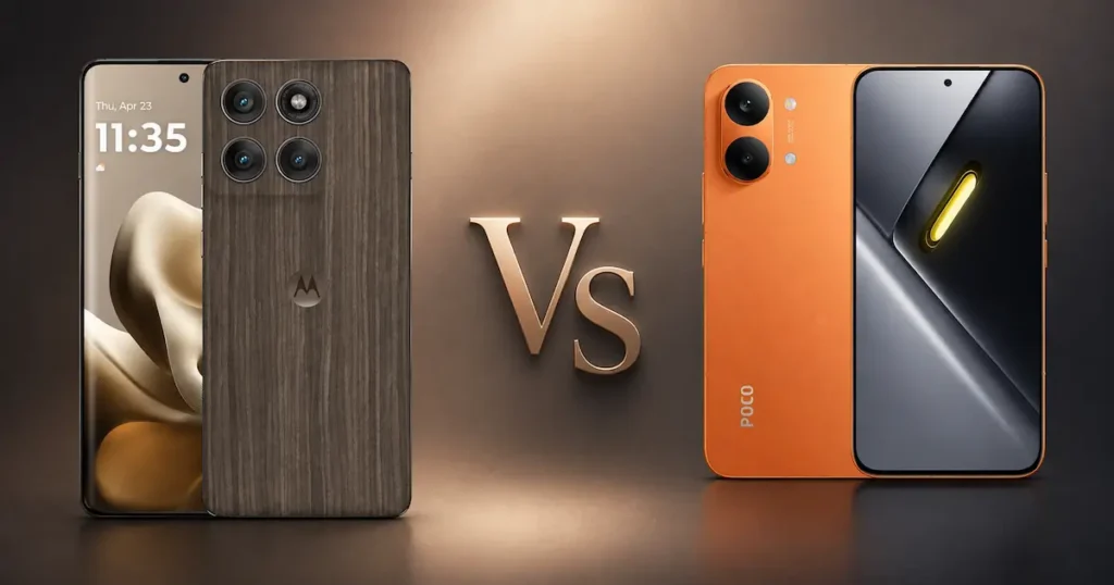 Motorola Edge 60 Pro y POCO X8 Pro en vistas frontal y trasera, enfrentados en la portada de la comparativa de móviles