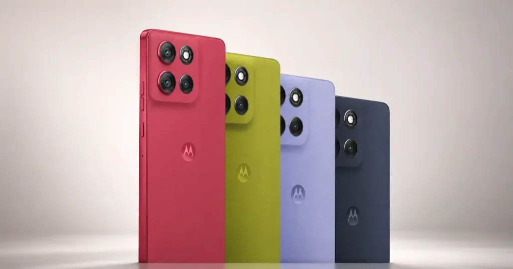 Motorola Moto G86 en cuatro acabados vistos desde atrás, con módulo de cámaras cuadrado y laterales planos en el apartado de diseño