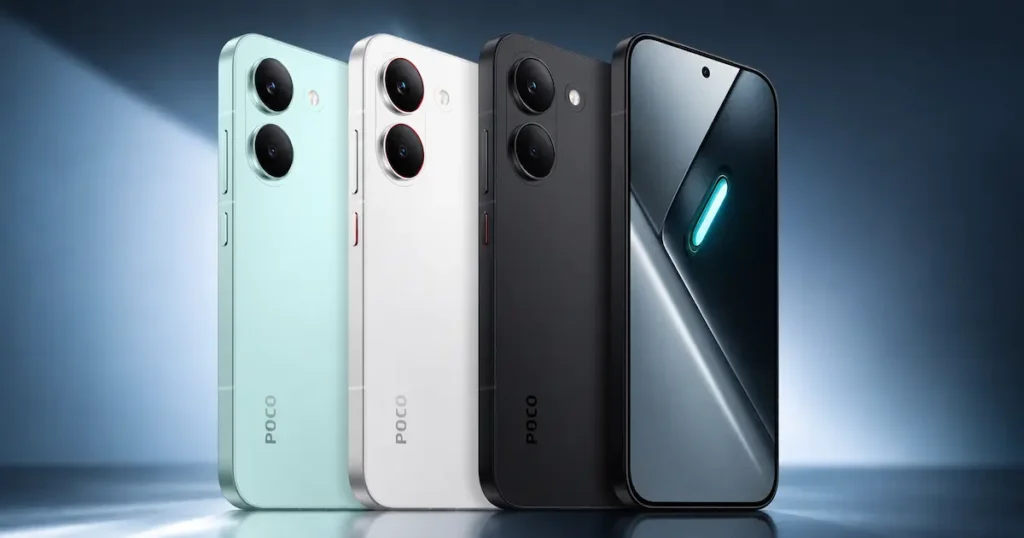 POCO X8 Pro en acabados verde menta, blanco y negro, con doble cámara trasera y pantalla frontal para comparar su diseño