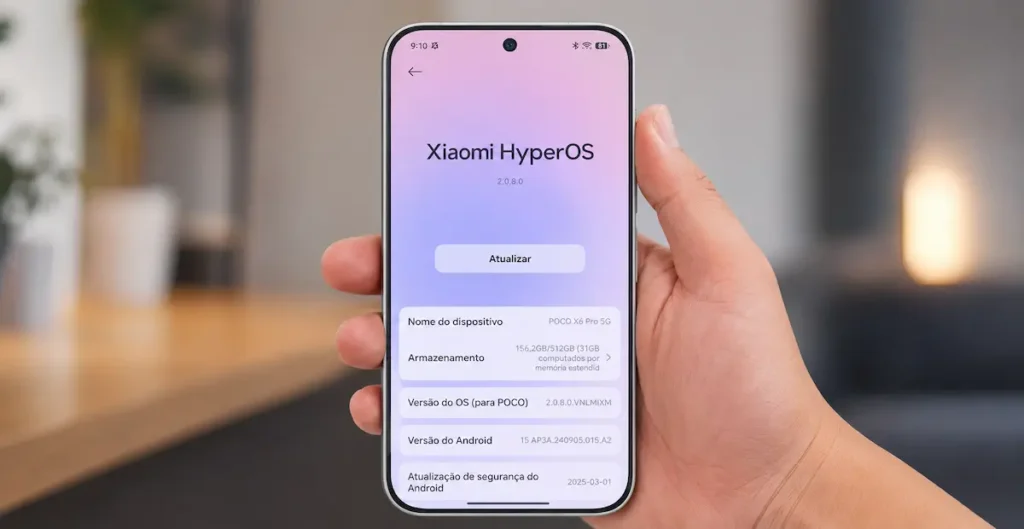 POCO X8 Pro 5G en mano con pantalla de Xiaomi HyperOS y Android abierta en el menú de actualización del sistema