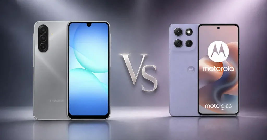 Samsung Galaxy A17 5G y Motorola Moto G86 en vista frontal y trasera, comparados por diseño y cámaras en una guía de compra
