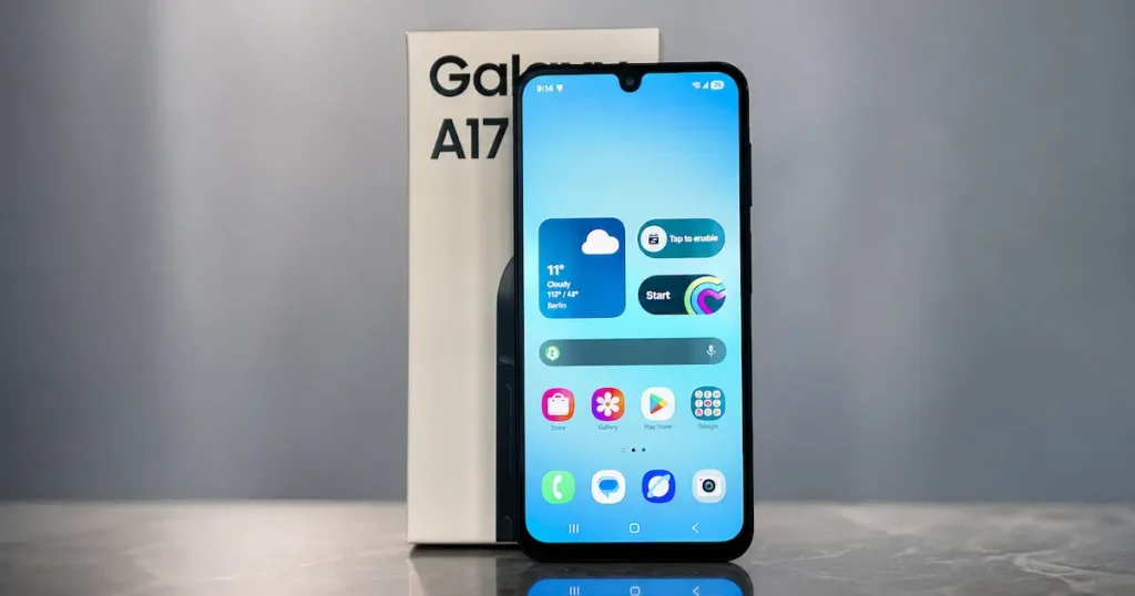 Samsung Galaxy A17 5G con pantalla encendida y notch en gota, mostrando la interfaz principal en el análisis de pantalla