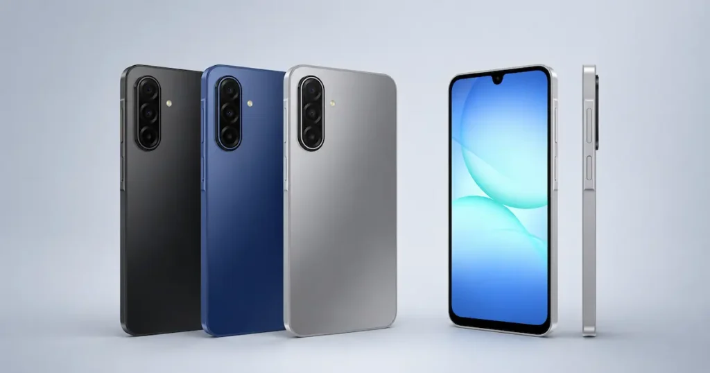 Samsung Galaxy A17 5G en vistas trasera, frontal y lateral, con tres acabados y módulo de cámaras vertical en el apartado de diseño