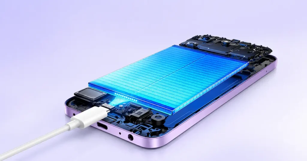 Redmi 15C 5G con representación de batería interna y cable USB-C conectado, detalle de carga para analizar autonomía de 6.000 mAh