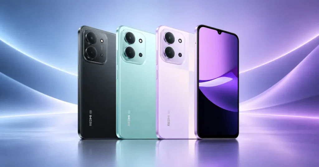 Redmi 15C 5G en varios acabados con módulo de cámara trasera cuadrado y pantalla frontal, detalle de diseño y colores disponibles