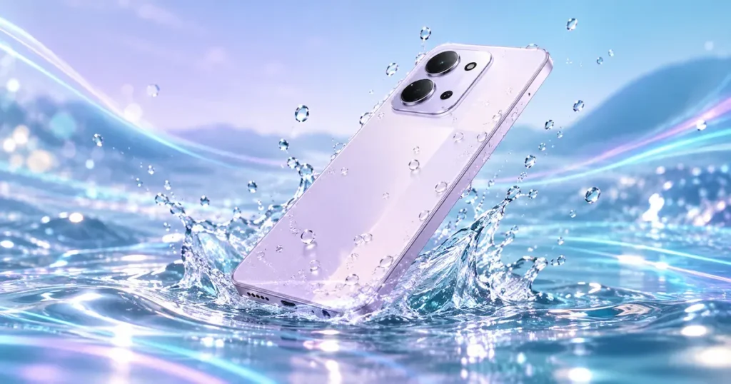 Redmi 15C 5G en acabado morado rodeado de salpicaduras de agua, detalle visual de su protección IP64 frente a polvo y salpicaduras