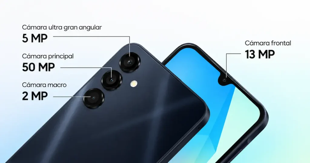 Samsung Galaxy A16 5G con triple cámara trasera de 50 MP, ultra gran angular de 5 MP, macro de 2 MP y frontal de 13 MP