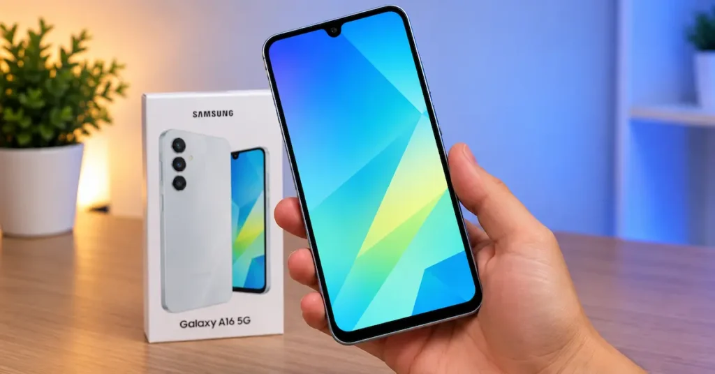 Samsung Galaxy A16 5G sostenido en mano con pantalla Super AMOLED encendida, detalle frontal para comparar nitidez y tamaño