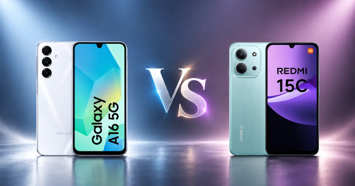 Samsung Galaxy A16 5G y Redmi 15C 5G mostrados de frente y por detrás en la portada de la comparativa entre ambos móviles