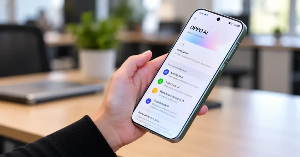 OPPO Find X9 Pro sostenido en una mano, con la pantalla de OPPO AI y sus herramientas de inteligencia artificial.